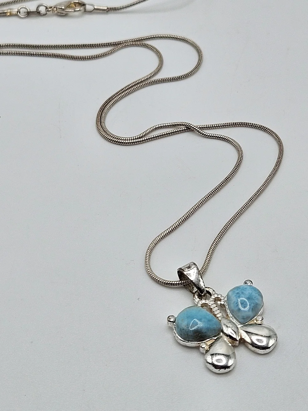 VINTAGE Sterling Silver 925 Larimar Butterfly Pendant Snake Chain Necklace